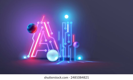 AI logo or icon. Abstract technology conceptual background with AI neon letters. AI text consist at pcb, neon electronic signals in cyberspace. Artificial intelligence tech background or banner.