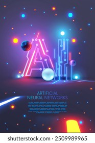 Logotipo ou ícone do AI. Cartaz conceitual de tecnologia abstrata com letras de néon AI. O texto de IA consiste em sinais eletrônicos de neon e pcb no ciberespaço. Inteligência artificial, fundo ou banner de tecnologia vertical.