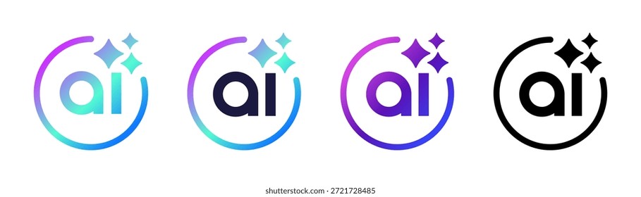 COLECCIÓN del icono del logotipo de AI. Inteligencia artificial, destellos y un marco circular digital para el aprendizaje automático y la tecnología inteligente. Ilustración vectorial transparente PNG