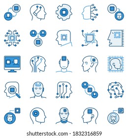 AI and Machine Learning blue icons set - computer chip in human head concept creative vector symbols