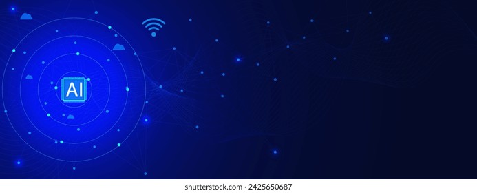 AI machine learning concept, big data visualization. Abstract geometric with microchip and connecting dots lines. Network connection and global communication technology. Vector illustration.