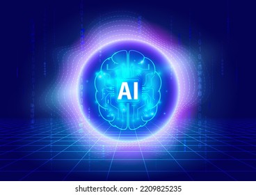 AI Machine Learning, Hi-tech Concept Backdrop, Glowing Brain Symbol in Dynamic Wave, Binary Code, Data Analytics, Grid Floor Futuristic Technology Abstract Background