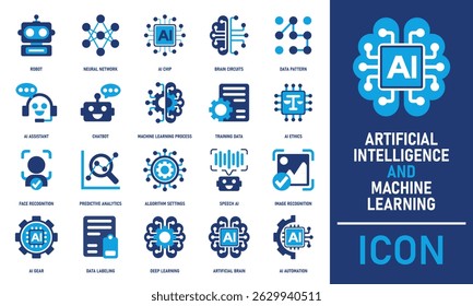 AI and machine learning icon in flat style, perfect for tech and data themes.
