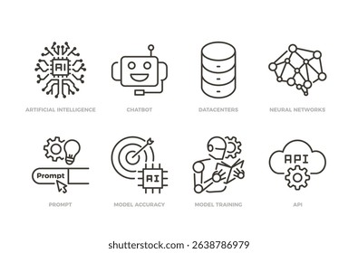AI machine learning icon set. Thin line editable stroke icons for artificial intelligence, chatbot, neural networks, training models, prompts, accuracy, and API integration