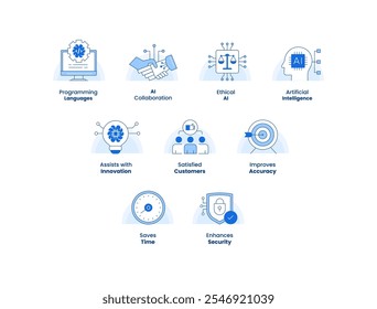 AI e conjunto de ícones de aprendizado de máquina. Inclui IA ética, colaboração, programação e benefícios como precisão, segurança e inovação para projetos de tecnologia modernos