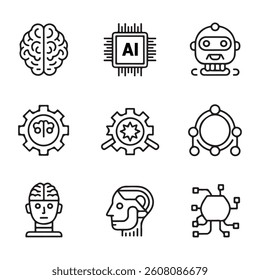 AI and Machine Learning Icons. AI Technology and Human-Machine Interaction Icons,