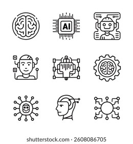 AI and Machine Learning Icons. AI Technology and Human-Machine Interaction Icons,