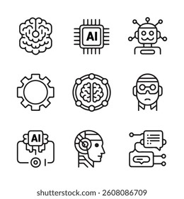 AI and Machine Learning Icons. AI Technology and Human-Machine Interaction Icons,