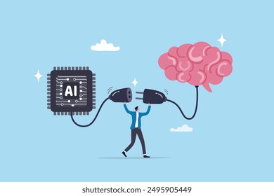 AI machine learning, neural network technology or human to work together with AI artificial intelligence, innovation technology concept, businessman connect human brain with AI chip processing unit.