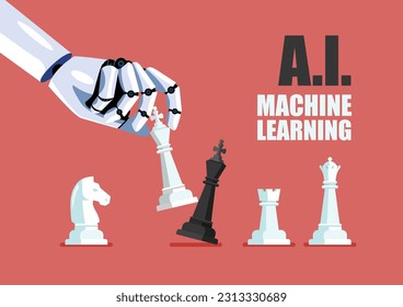 AI Machine Learning. Robot hand use white king checkmate the black king. Concept of machine learning. Artificial Intelligence. Vector illustration