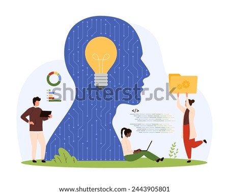 AI, machine learning, software development. Tiny people work with algorithms and codes, neural circuits and light bulb inside artificial brain in abstract human head cartoon vector illustration