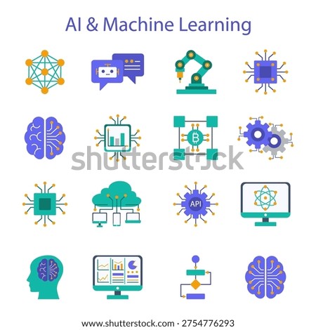 AI and Machine Learning Technology Icon Set. Clean geometric design suitable for web, apps, infographics, and tech presentations.
