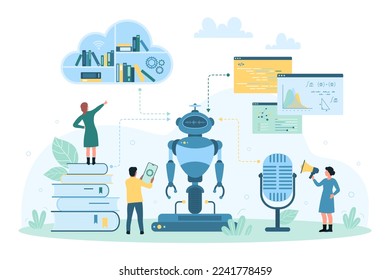 AI and machine learning technology vector illustration. Cartoon tiny people share digital books of online cloud library, audio courses to training robot, engineers search algorithms for bot education