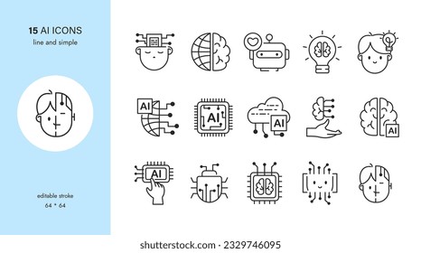 AI and Machine Learning Vector Icons Set. Artificial Intelligence, Neural Networks, Robots, Virtual Assistants, Innovation, Computer Chip, Machine Brains, Cybernetic Implants, Digital Collection.