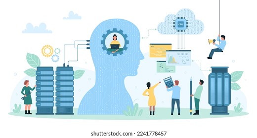 AI and machine learning vector illustration. Cartoon tiny people work with algorithms and codes, neural circuits between computers and artificial brain in abstract human head, computing innovation
