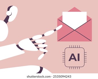 AI Mailbox message management automation and antispam filter with AI service. Cute robot pointing to envelope with email letter to receive and send digital correspondence. Flat vector illustration.