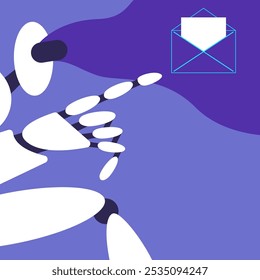 AI Mailbox message management automation and antispam filter with AI service. Cute robot holding envelope in VR with email letter to receive and send digital correspondence. Flat vector illustration.