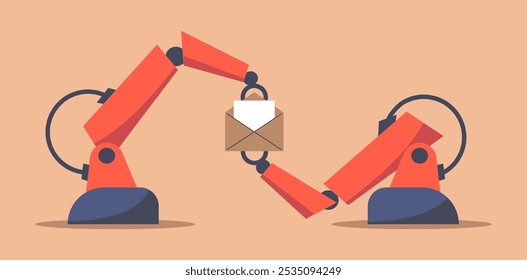 AI Mailbox message management automation and antispam filter with AI service. Robotic arm holding envelope with email letter to receive and send digital correspondence. Flat vector illustration.