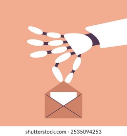 AI Mailbox message management automation and antispam filter with AI service. Cute Robot Arm holding envelope with email letter to receive and send digital correspondence. Flat vector illustration.