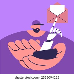 AI Mailbox message management automation and antispam filter with AI service. Man using app with envelope with email letter to receive and send digital correspondence. Flat vector illustration.