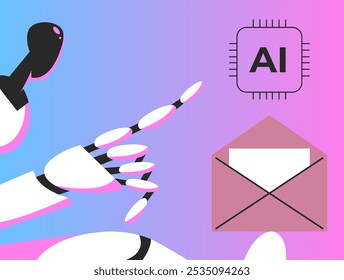 AI Mailbox message management automation and antispam filter with AI service. Cute robot holding envelope with email letter to receive and send digital correspondence. Flat vector illustration.