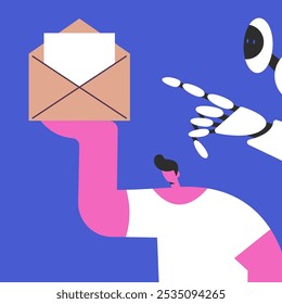 AI Mailbox message management automation and antispam filter with AI service. Cute robot and man holding envelope with email letter. Flat vector illustration.