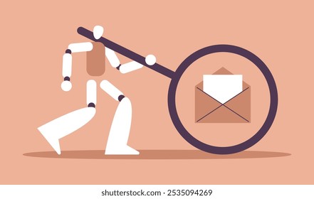 AI Mailbox message management automation and antispam filter with AI service. Cute robot holding magnificenglass envelope with email letter. Flat vector illustration.