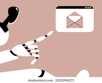 AI Mailbox message management automation and antispam filter with AI service. Cute robot holding envelope with email letter to receive and send digital correspondence in web. Flat vector illustration.