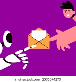 AI Mailbox message management automation and antispam filter with AI service. Cute robot holding envelope with email letter to receive and send digital correspondence. Flat vector illustration.