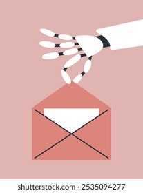 AI Mailbox message management automation and antispam filter with AI service. Cute robot holding envelope with email letter. Flat vector illustration.