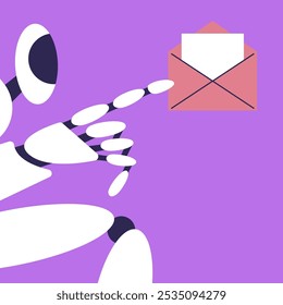 AI Mailbox message management automation and antispam filter with AI service. Cute robot showing envelope with email letter to receive and send digital correspondence. Flat vector illustration.