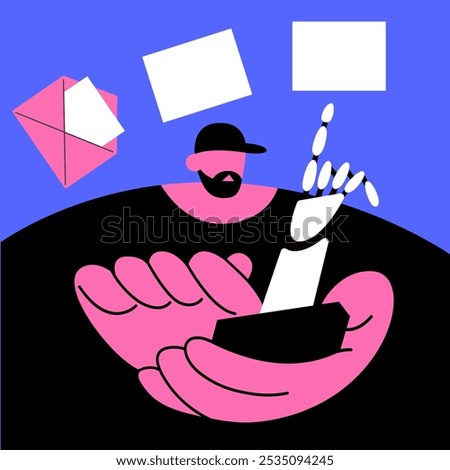 AI Mailbox message management automation and antispam filter with AI service. Cute Man using app with email letter to receive and send digital correspondence. Flat vector illustration.