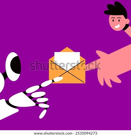 AI Mailbox message management automation and antispam filter with AI service. Cute robot holding envelope with email letter to receive and send digital correspondence. Flat vector illustration.