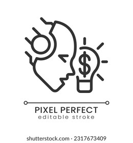 AI makes money pixel perfect linear icon. Machine learning in financial process. Algorithmic trading. Earn revenue. Thin line illustration. Contour symbol. Vector outline drawing. Editable stroke