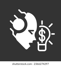 AI makes money white linear glyph icon for night mode. Algorithmic trading. Earn revenue. Negative space silhouette symbol on dark theme background. Solid pictogram. Vector isolated illustration