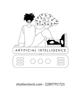 AI man on a server, AI themed, linear vector style