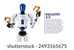 AI management work robots on factory. Humanoid robot with artificial intelligence or AI controls robotics arms on factory or manufacture. Industry 4.0. AI technology in industrial revolution. Concept