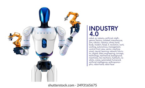 AI management work robots on factory. Humanoid robot with artificial intelligence or AI controls robotics arms on factory or manufacture. Industry 4.0. AI technology in industrial revolution. Concept