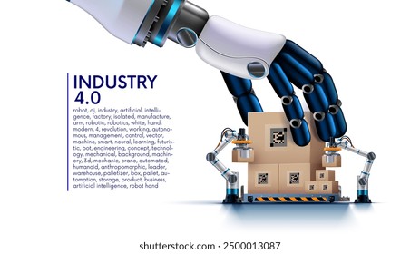 Los robots de trabajo de gestión de IA en fábrica o almacén. AI en la Imagen Brazo o mano humanoide del robot pone las cajas en las plataformas. La IA controla los brazos robóticos en la fabricación. Industria 4.0. Concepto de tecnología de la industria de la IA.