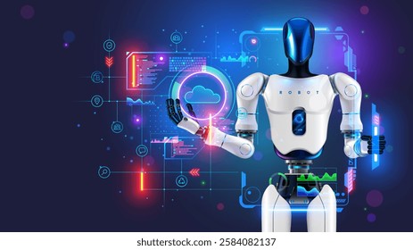 AI management work robots on factory. Humanoid robot with artificial intelligence or AI synchronization cloud data on factory or manufacturer. Industry 4.0. AI technology, cloud computing. Concept.