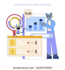 AI for managers: Access to real-time analytics, showcasing a robot presenting data and trends while a manager interacts with cryptocurrency information. Effective decision-making through technology.