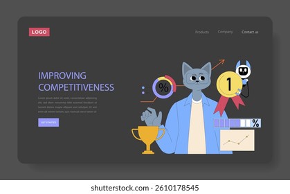 AI for Managers concept. Illustrates strategies for improving competitiveness in business. Focus on effective decision-making, performance analysis, and innovative tools. Vector illustration.