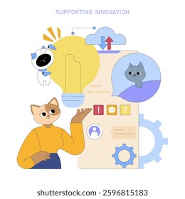 AI for managers enhances decision-making and drives innovation. This illustration features a character engaged with creative ideas represented as a light bulb, showcasing collaboration with AI tools