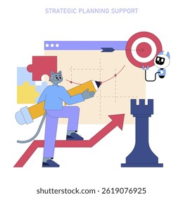 AI for managers enhances strategic planning through insights and goal tracking. It illustrates the integration of data analysis and performance metrics for decision-making. Vector illustration.
