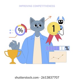 AI for Managers focuses on enhancing competitiveness within organizations. The illustration displays a manager with analytics, awards, and insights symbolizing success in decision-making. Vector