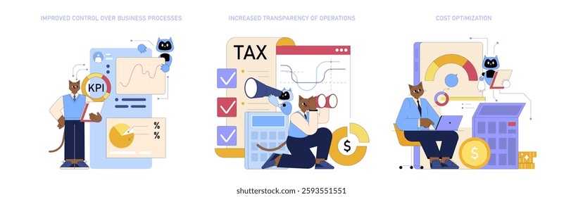 AI for Managers illustration. Visual representation of how artificial intelligence enhances business operations through improved control, transparency, and cost optimization. Data-driven decision