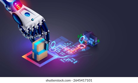 A IA gerencia a entrega automatizada de ordens do depósito para o comprador. Fornecimento de gerenciamento de software de IA. Logística de IA da loja online. A IA traça a rota ideal ao redor da cidade para a entrega rápida de pedidos.