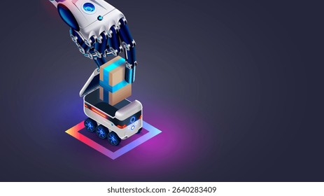 AI manages the delivery of goods from an online store using autonomous robots. Automated delivery, logistics using wheeled vehicles . A cyborg hand loads a package into the back of a delivery robot.
