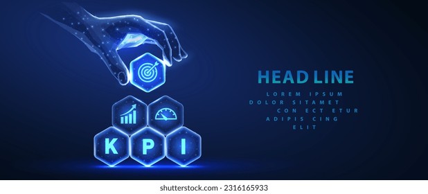 AI manages KPI. Key performance indicator icons on hexagons made a pyramid and hand hold the top element. Digital report, automatic data analytics, dashboard optimization, analyzing innovation concept