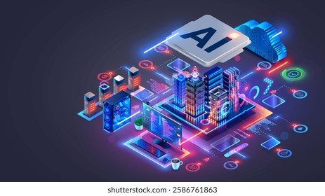 Ai manages a smart city. AI controls Futuristic Smart city. Isometric Future buildings inside chip with Ai or Artificial intelligence which effectively manages urban infrastructure. AI of Smart City.